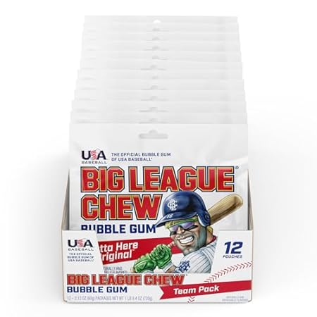 Big League Chew Outta Here Original Bubble Gum - Classic Ballpark Flavor | Perfect for Baseball Games, Teams, Concessions, Parties, and More | Pack of 12 Bags (2.12oz Each)