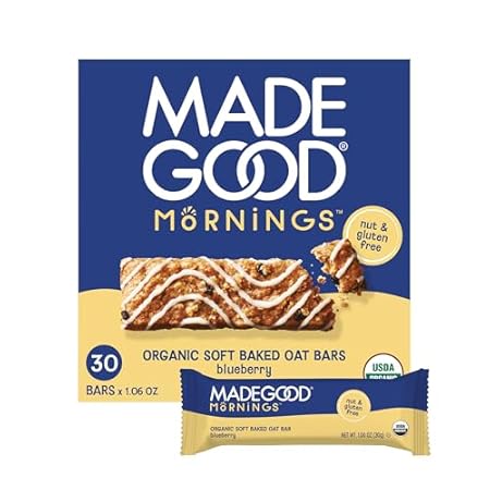 MadeGood Mornings Soft Baked Breakfast Bars, Blueberry, 1.06 Oz (30 Count) Gluten Free Snacks