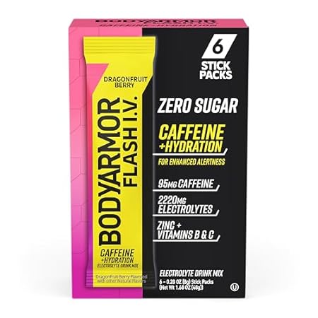 BODYARMOR Caffeinated Flash I.V. Electrolyte Packets - Dragonfruit Berry - Zero Sugar Energy Drink Mix, Single Serve Packs, Hydration for Pre Workout, Travel Essentials, Active Lifestyle (6 Count)