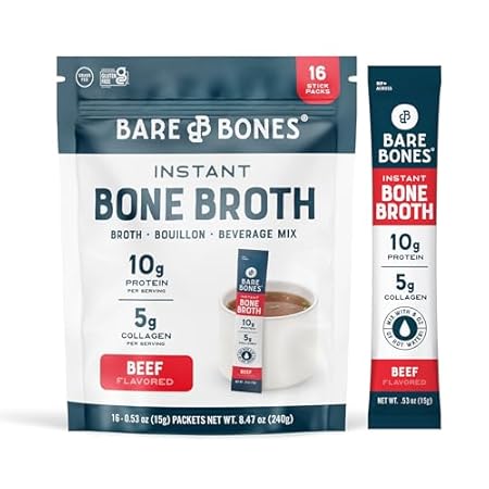 Bare Bones Beef Bone Broth Instant Powdered Mix | Rich Savory Packets on-the-Go No Artificial Flavors | Keto & Paleo Friendly | 10g Protein | 16 Pack