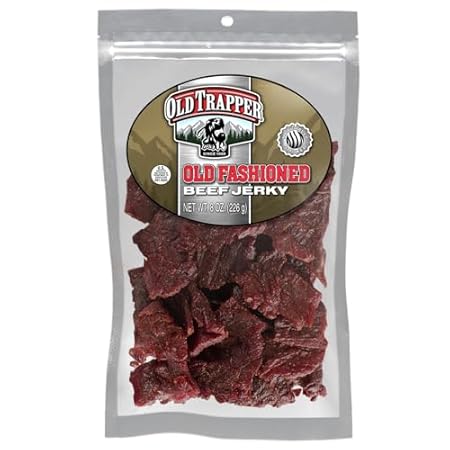 Old Trapper Beef Jerky, Old-Fashioned 8 Ounce Bag, Tender Meat Snacks for Lunches or Between Meals, 11 Grams of Protein, Zero Grams of Fat, and 70 Calories per Serving (Pack of One)