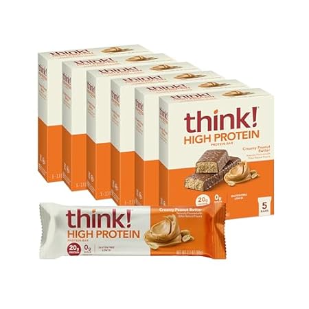 think! Protein Bars, High Protein Snacks, Gluten Free, Kosher Friendly, Creamy Peanut Butter, Nutrition Bars, 2.1 Oz per Bar, 30 Count (Packaging May Vary)