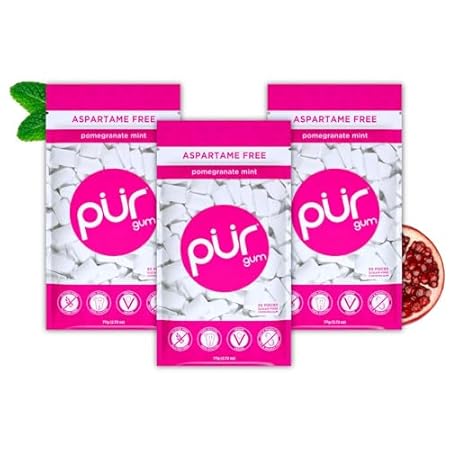 PUR Gum | Aspartame Free Chewing Gum | 100% Xylitol | Natural Pomegranate Mint Flavored Gum, 55 Pieces (Pack of 3)