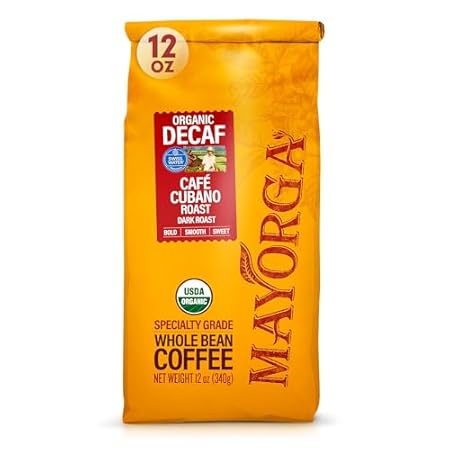 Mayorga Decaf Dark Roast 12oz Bag Cafe Swiss Water Decaffeinated Cubano Roast 100% Arabica Whole Coffee Beans - Smoothest Organic Coffee - Specialty Grade, Non-GMO, Direct Trade