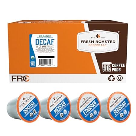Fresh Roasted Coffee, Organic Water-Processed Decaf Variety Pack | USDA Organic, Kosher | K-Cup Compatible, 96 Pods