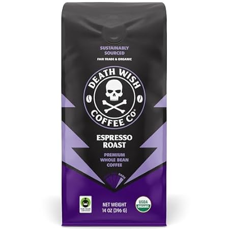 Death Wish Coffee, Whole Bean Espresso Roast - Organic, Fair Trade, Arabica and Robusta Coffee Beans, 14 ounce (Pack of 1)