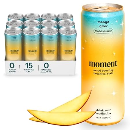Moment Botanical Soda Soft Drink (Shark Tank) - SPARKLING Drinks | Mango Glow | L-Theanine & Ashwagandha for Calm & Clarity | 0 Added Sugar 0 Caffeine | 12-pack