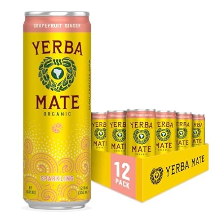 Yerba Madre Organic Sparkling Yerba Mate, Grapefruit Ginger, 80mg Natural Plant Based Caffeine, Smooth Energy & Focus, Carbonated, 12 Oz (Pack of 12) (Packaging May Vary)