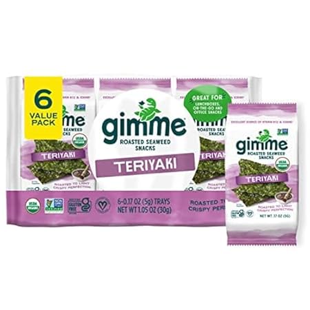 Gimme Seaweed Organic Premium Roasted Seaweed Snacks, Teriyaki, 6 Count, Keto, Vegan, Gluten-Free, Great Source of Omega3s and Iodine, Healthy On-The-Go Snack for Kids and Adults