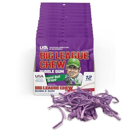 Big League Chew Ground Ball Grape Bubble Gum - Juicy Grape Flavor Explosion | Ideal for Baseball Games, Teams, Concessions, Parties, and More | Pack of 12 Bags (2.12oz Each)