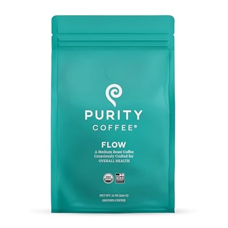 Purity Coffee FLOW Original Medium Roast Ground Coffee for Focus and Clean Energy - USDA Organic and Third-Party Tested for Antioxidants, Mold, Mycotoxins and Pesticides - 12oz (Purity Flow, medium_roast) | Ground| FLOW