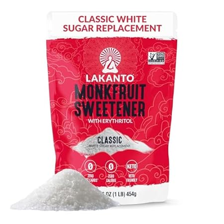 Lakanto Monk Fruit Sweetener With Erythritol, White Sugar Substitute From Monk Fruit Extract, Classic White Sugar Replacement for Baking, Coffee & Tea, Gluten Free, Low Carb, Non GMO, Keto, 1 LB Bag