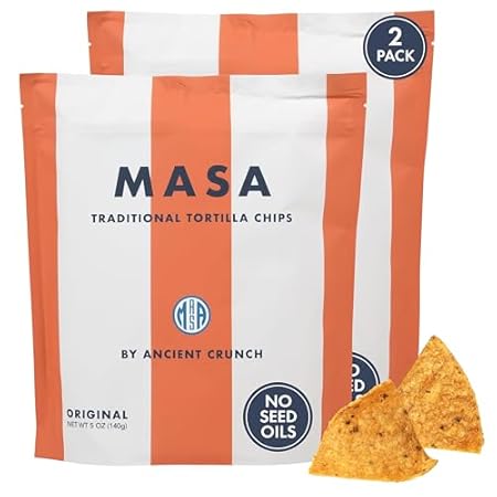 MASA CHIPS - Tortilla Chips Snack Pack - Seed Oil Free, Naturally Grown Corn Chips - Low Carb Snacks - Made with Grass Fed Tallow & Sea Salt - 2 Pack, 5 Ounce Each