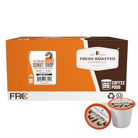 Fresh Roasted Coffee, Organic Donut Shop | USDA Organic, Kosher | Medium Roast 96 Pods for K Cup Brewers