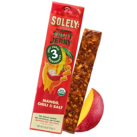SOLELY - Organic Spicy Mango Chili and Salt Fruit Jerky - 1 Individually Wrapped Fruit Strip - Fruit Leather Made from Dried Fruit - Healthy Snacks for Adults & Kids - Vegan, Non GMO - 0.8oz (23g)