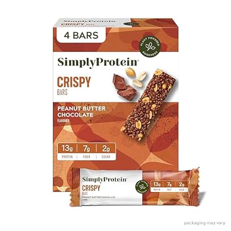 Simply Protein - Peanut Butter Chocolate Crispy Bars - Plant Based Protein Bars - Low Carb, Low Sugar, High Fiber - 13g Protein, 2g Sugar, 7g Fiber - Vegan, Gluten Free, Non GMO, Kosher - 4 Bars