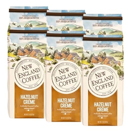 New England Coffee Hazelnut Crème Medium Roast Ground Coffee, 11oz Bag (Pack of 6)