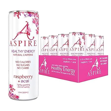 ASPIRE® Raspberry Acai, Healthy Energy Drink 80mg Natural Caffeine, Zero Sugar No Carbs Keto Friendly, 12 Pack Green Tea Sugar Free Drink Low Caffeine Zero Calorie