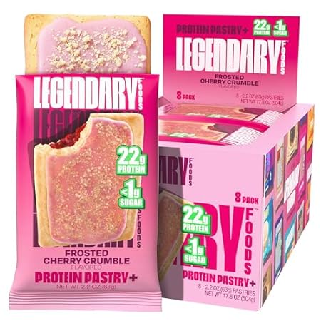 Legendary Foods 22g Protein Pastry+ Cherry, Low Carb Meal Replacement Bar - Low Glycemic, Gluten Free Protien Snacks - Healthy Keto Snack Box 8 Zero Sugar Energy Bars - Bariatric Diabetic Friendly