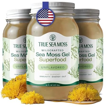 TrueSeaMoss Sea Moss Gel – Made in USA – Wildcrafted Seamoss, Dried Seaweed & Jarred Vegetables – Original, Pack of 3 (Labels may Vary)