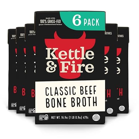 Kettle and Fire Classic Beef Bone Broth, Keto, Paleo, and Whole 30 Approved, Gluten Free, High in Protein and Collagen (6 Pack)