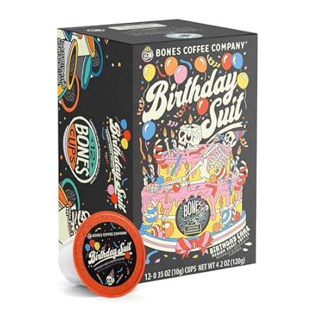 Bones Coffee Company Birthday Suit, Birthday Cake Flavored Coffee Pods, Low Acid Medium Roast Single-Serve Bones Cups, Compatible with 1.0 & 2.0 K-Cups Brewers Coffee Maker, 12 Count