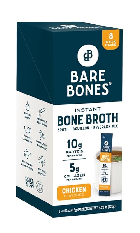 Bare Bones Chicken Bone Broth Instant Powdered Mix | Rich Savory Packets on-the-Go No Artificial Flavors | Keto & Paleo Friendly | 10g Protein | 8 Pack