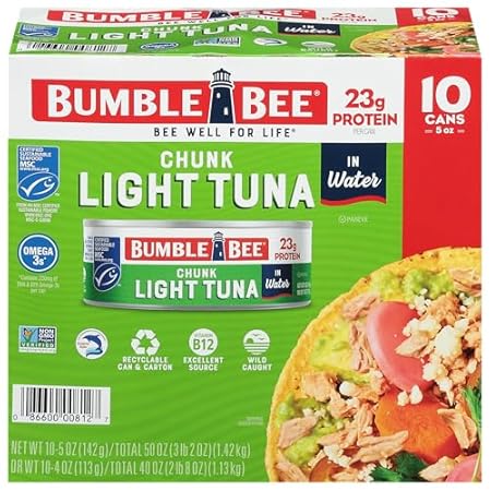 Bumble Bee Chunk Light Tuna In Water, 5 oz Cans (Pack of 10) - Wild Caught Skipjack Tuna - 23g Protein Per Serving - MSC Certified Sustainable Seafood, Non-GMO, Gluten Free, Kosher