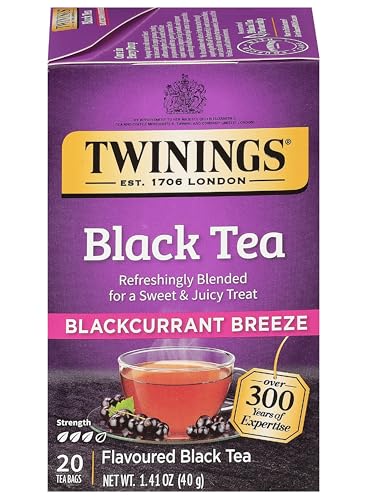 Twinings Blackcurrant Breeze Black Tea Individually Wrapped Bags, 20 Count (Pack of 1), Sweet, Tangy Taste, Caffeinated, Enjoy Hot or Iced, 20 Teabags