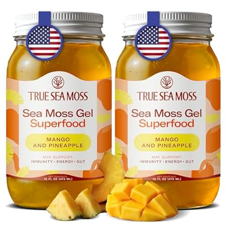 TrueSeaMoss Sea Moss Gel – Made in USA – Wildcrafted Seamoss, Fresh Fruits & Jarred Vegetables – Mango/Pineapple, Pack of 2 (Labels may Vary)