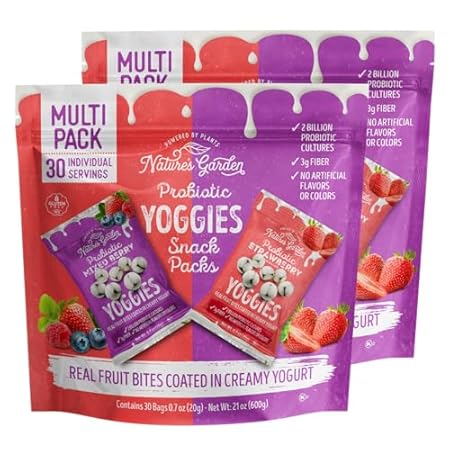 Nature's Garden Probiotic Variety Pack Yoggies 21oz (30 x 0.7oz) Pack of 2 (Strawberry Yoggies 15x0.7 oz +Mixed Berry Yoggies 15x0.7 oz) Yogurt Covered Fruit Snacks, High Fiber, Real Fruit Pieces, Office Snack Variety Packs For Adults, Gluten Free
