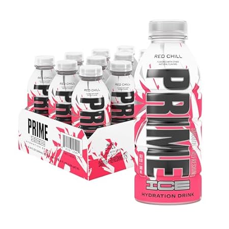 PRIME Hydration ICE RED CHILL, Sports Drinks, Electrolyte Enhanced for Ultimate Hydration, 250mg BCAAs, B Vitamins, Antioxidants, Low Sugar, 16.9 Fl Oz, 12 Pack