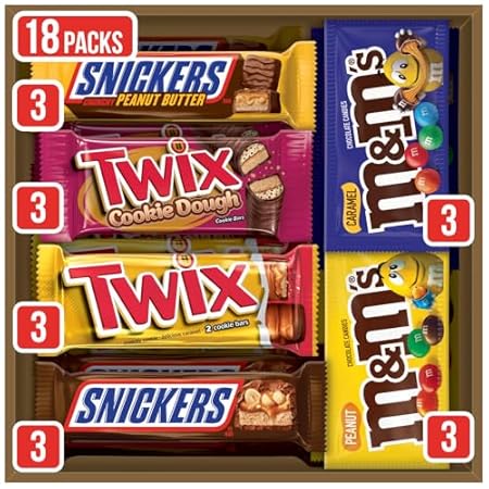 M&M'S Peanut, M&M'S Caramel, SNICKERS Original, SNICKERS Peanut Butter Squared, TWIX Original and Cookie Dough Halloween Variety Pack Full Size Individually Wrapped Milk Chocolate Candy Bars, 18 Ct