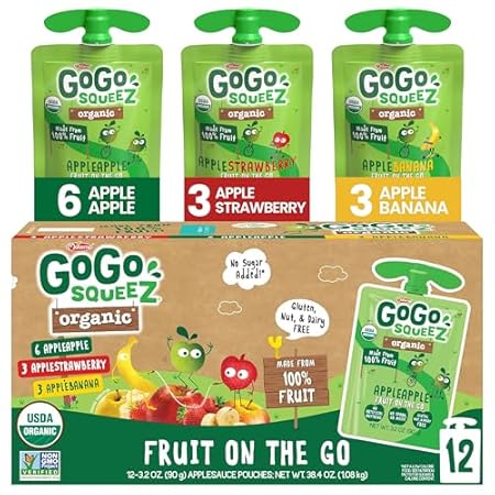 GoGo squeeZ Organic Applesauce and Fruit Puree, Variety Pack, Apple, Strawberry & Banana, 3.2 oz (Pack of 12), Unsweetened Organic Fruit Snacks for Kids, No Gluten, Nut & Dairy, BPA Free Pouches