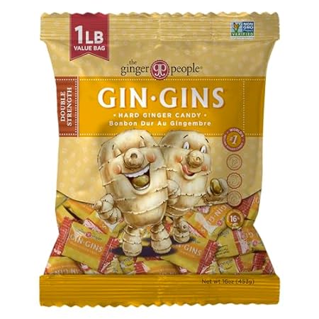 GIN GINS Double Strength Ginger Hard Candy – Natural Ginger Candy by The Ginger People – Individually Wrapped Healthy Candy – Double Strength Flavor – Large 1 lb Bag (16oz) – Pack of 1
