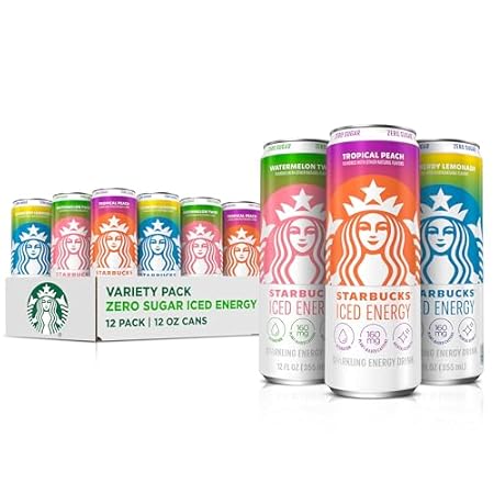 Starbucks Iced Energy Drink, 3 Flavor Variety Pack (Tropical Peach, Watermelon Splash, Blueberry Lemonade), Zero Sugar Energy Drink, Plant Based Caffeine, Hydration, Mental Clarity, 12 Fl Oz Cans (Pack of 12)