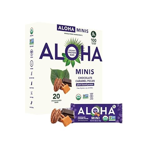 ALOHA Organic Plant Based Protein Bar MINIS |Caramel Chocolate Pecan | 20 Count, 24g Bars | Vegan, Low Sugar, Gluten Free, Low Carb, Non-GMO, Stevia Free, Soy Free, No Sugar Alcohols