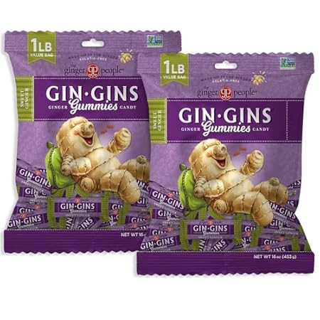 GIN GINS Sweet Ginger Gummies – Natural Fresh Ginger Candy by The Ginger People – Sweet Ginger Gummies Flavor – Large 1 lb Bag (16oz) – Pack of 2