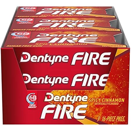 Dentyne Fire Spicy Cinnamon Sugar-Free Chewing Gum, Pack of 9 (144 Total Pieces)