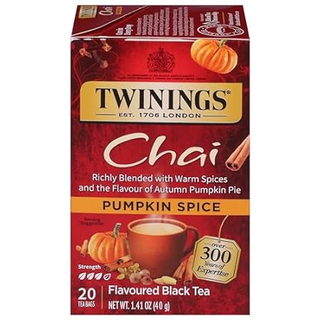 Twinings Pumpkin Spice Chai Black Tea Individually Wrapped Bags, 20 Count (Pack of 1), Warm, Spicy & Aromatic, Caffeinated, Enjoy Hot or Iced, 20 Teabags