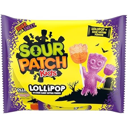 SOUR PATCH KIDS Orange & Purple Halloween Candy Lollipops with Sour Candy Dipping Powder, 20 Lollipops
