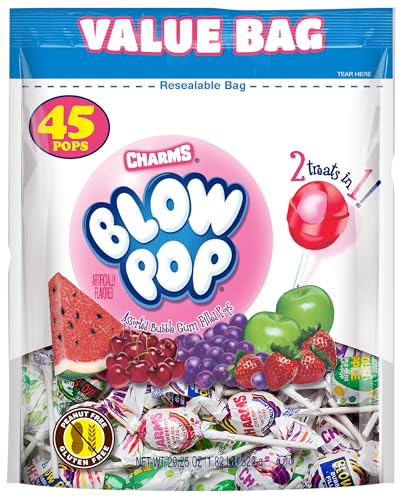 Charms Blow Pop Lollipops - Individually Wrapped Dual Candy and Gum Suckers - Peanut Free, Gluten Free - Bulk Treat for Kids and Adults - Assorted Flavors, 45 Count (29.25 oz.)