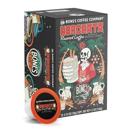 Bones Coffee Company Horchata Flavored Coffee Pods, Low Acid Medium Roast Single-Serve Bones Cups, Compatible with 1.0 & 2.0 K-Cups Brewers Coffee Maker, 12 Count