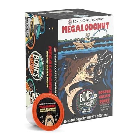 Bones Coffee Company Megalodonut, Boston Cream Donut Flavored Coffee Pods, Low Acid Medium Roast Single-Serve Bones Cups, Compatible with Capsule Brewers Coffee Maker, 12 Count