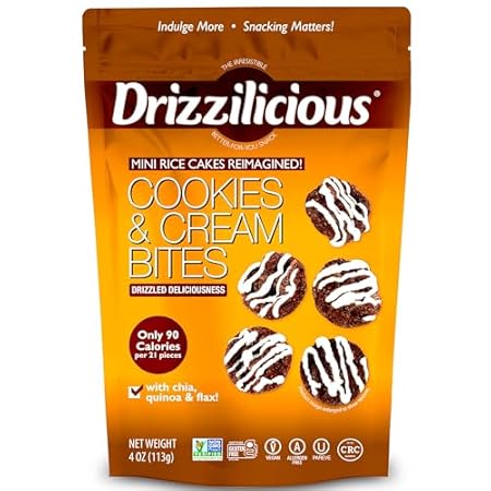 Drizzilicious Mini Rice Cakes Cookies & Cream - Rice Crisps, Healthy Snack for Adults and Kids, Flavored Rice Cakes, Vegan, Gluten Free, Only 90 Calories Per Serving - 4 oz (Pack of 6)