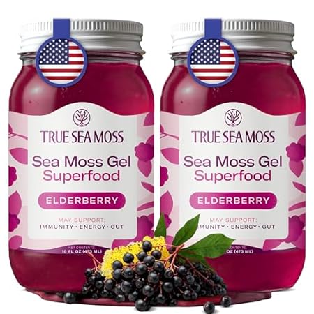 TrueSeaMoss Sea Moss Gel – Made in USA – Wildcrafted Seamoss, Fresh Fruits & Jarred Vegetables – Elderberry, Pack of 2 (Labels may Vary)
