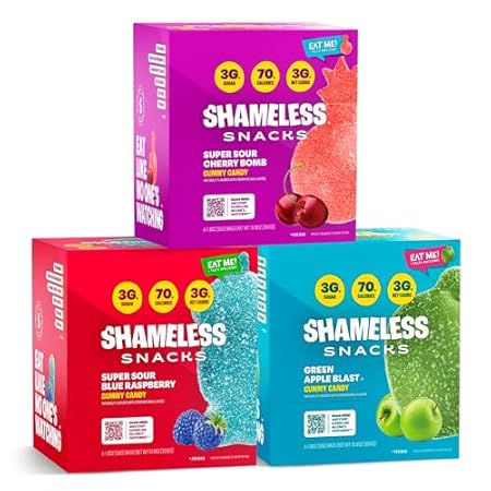 Shameless Snacks Sour Flavors Bundle Healthy Low Carb Keto Gummies Cherry Bomb, Blue Raspberry and Green Apple