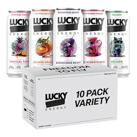 Lucky Energy Sugar Free Energy Drinks 16 Fl Oz Cans (Pack of 10) Healthy Energy Drink Variety Pack with Maca, Ginseng, Taurine, Beta-Alanine, 200mg Caffeine (Packaging may vary).