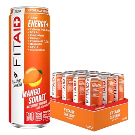 FITAID ENERGY, 200mg Natural Caffeine, Keto, Mango Sorbet, Optimum Performance Formula: BCAAs, Quercetin, Electrolytes, Omega-3s, 15 calories, Paleo, Vegan & Gluten-Free 12 Fl Oz (Pack of 12)