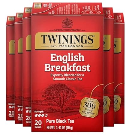 Twinings English Breakfast Black Tea Individually Wrapped Bags, 20 Count (Pack of 6), Flavourful, Robust, Caffeinated, Enjoy Hot or Iced, 120 Teabags